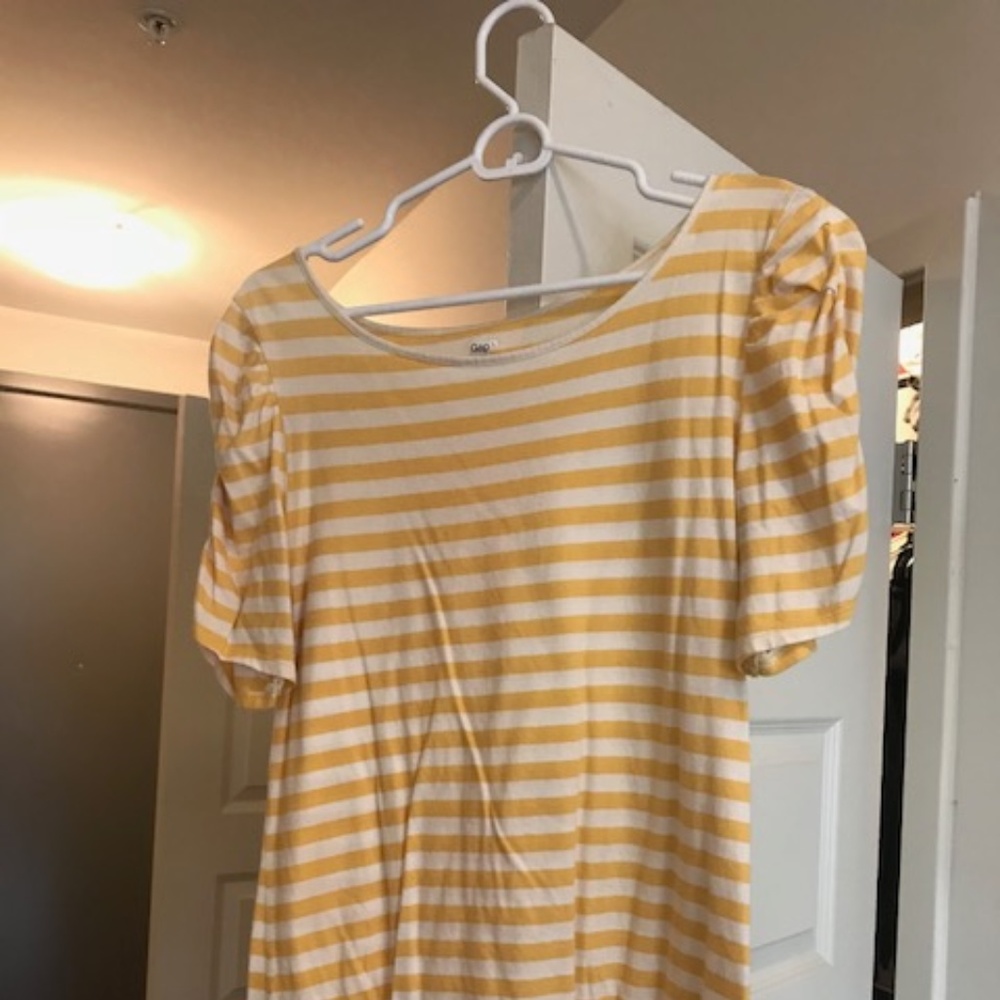 Yellow and white striped tee with shoulder detail